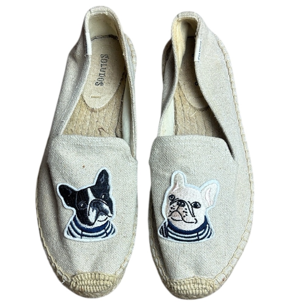 Soludos Tan Cream Canvas Espadrilles French Bulldogs Sz 7.5 NWOT - Picture 10 of 10